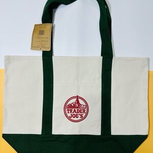 Trader Joe's Large Classic Canvas Tote Green/White